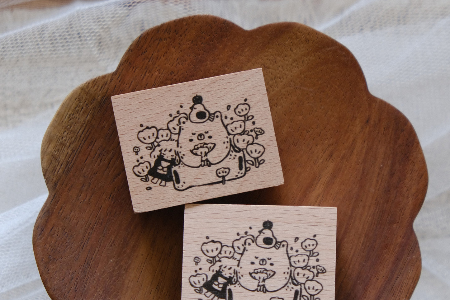 Flower Bear & Girl: Rubber Stamp
